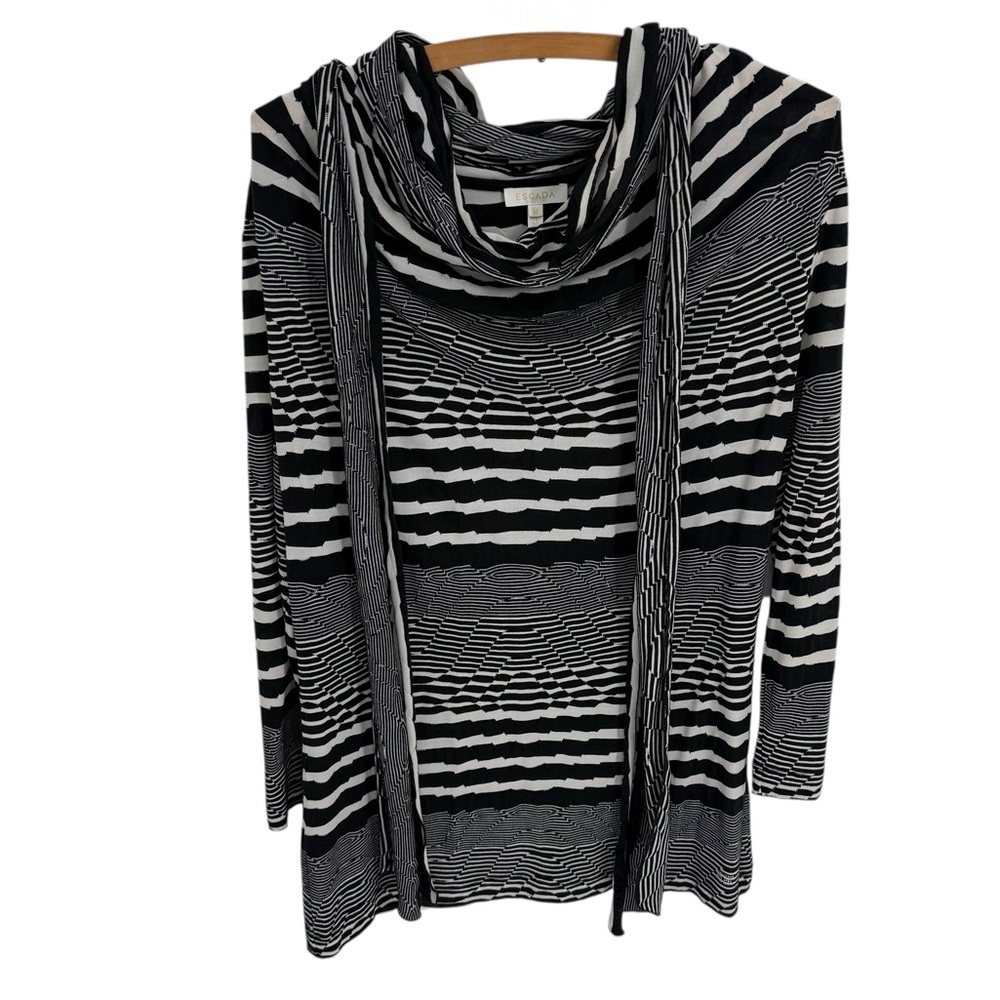 Escada Black White Knit Striped Cowl Top Size M Tie Neck 3/4 Sleeve Casual